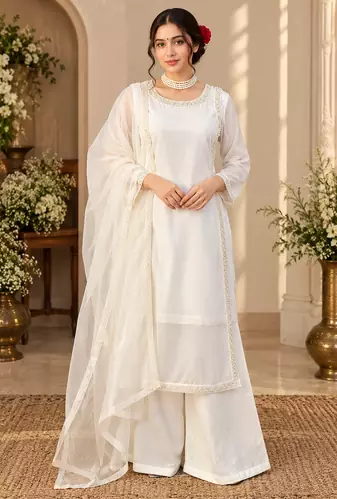 white color beads and lace work crepe salwar kameez set