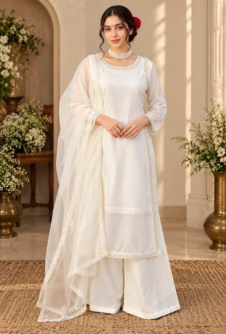 white color beads and lace work crepe salwar kameez set