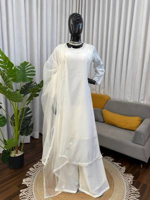 white color beads and lace work crepe salwar kameez set 3
