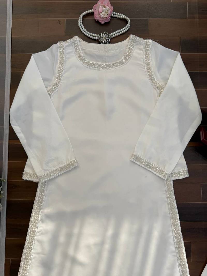 white color beads and lace work crepe salwar kameez set