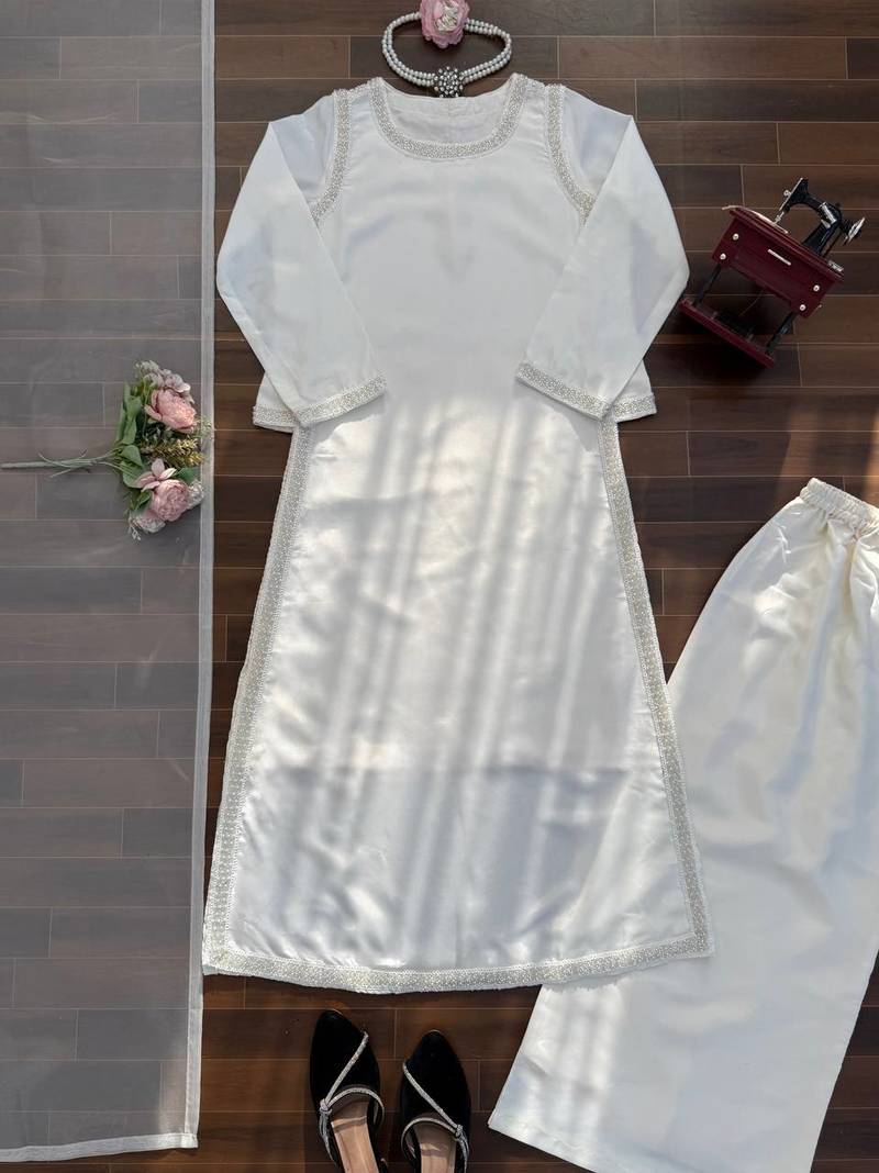 white color beads and lace work crepe salwar kameez set