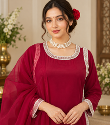 maroon color beads and lace work crepe salwar kameez set