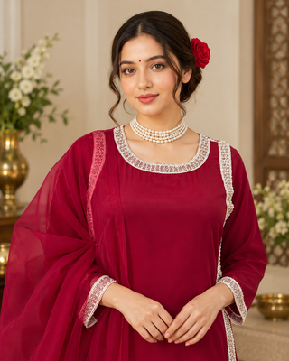 maroon color beads and lace work crepe salwar kameez set 2
