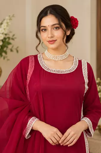 maroon color beads and lace work crepe salwar kameez set