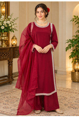 maroon color beads and lace work crepe salwar kameez set 1