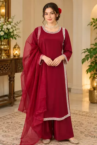 maroon color beads and lace work crepe salwar kameez set