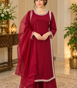 maroon color beads and lace work crepe salwar kameez set