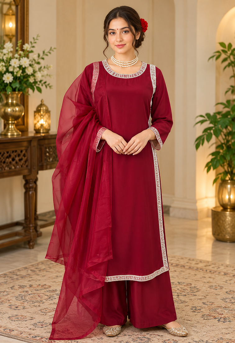 maroon color beads and lace work crepe salwar kameez set