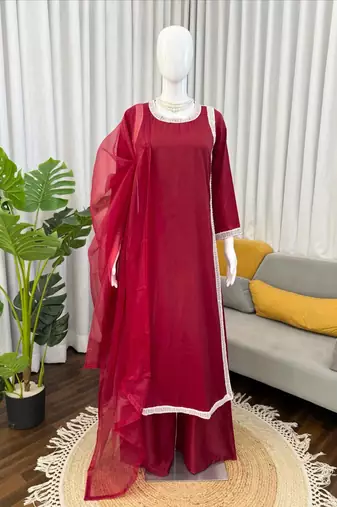 maroon color beads and lace work crepe salwar kameez set