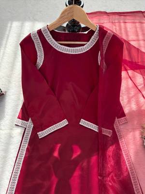 maroon color beads and lace work crepe salwar kameez set 4
