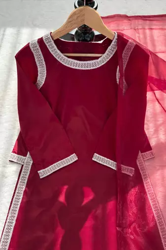 maroon color beads and lace work crepe salwar kameez set