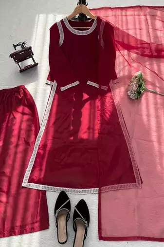 maroon color beads and lace work crepe salwar kameez set