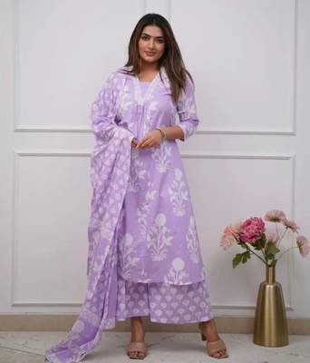 WOMEN PURE COTTON ALINE KURTA WITH PANT AND DUPATTA  1