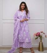 WOMEN PURE COTTON ALINE KURTA WITH PANT AND DUPATTA 