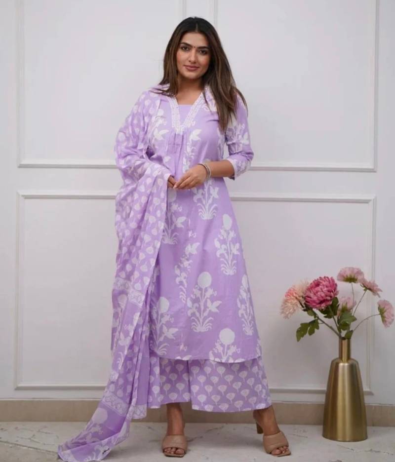 WOMEN PURE COTTON ALINE KURTA WITH PANT AND DUPATTA 