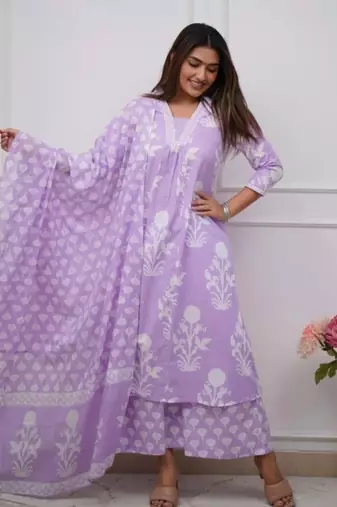 WOMEN PURE COTTON ALINE KURTA WITH PANT AND DUPATTA 