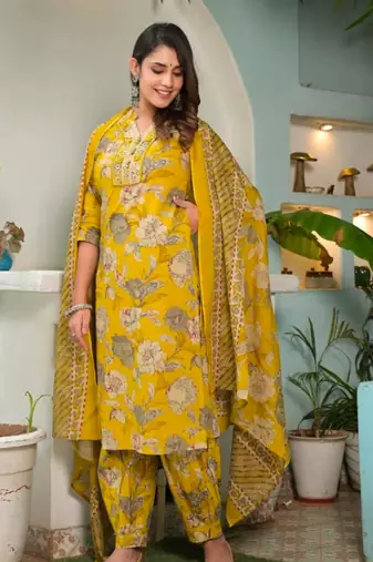 WOMEN PURE COTTON FLORAL PRINT KURTA WITH AFGANI PANT AND DUPATTA 