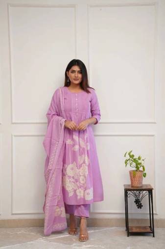 WOMEN COTTON PRINTED A-LINE KURTA WITH PANT AND DUPATTA 