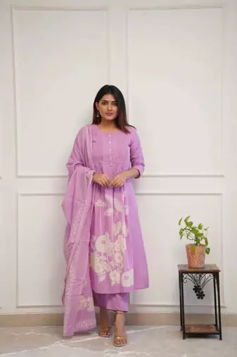 WOMEN COTTON PRINTED A-LINE KURTA WITH PANT AND DUPATTA 
