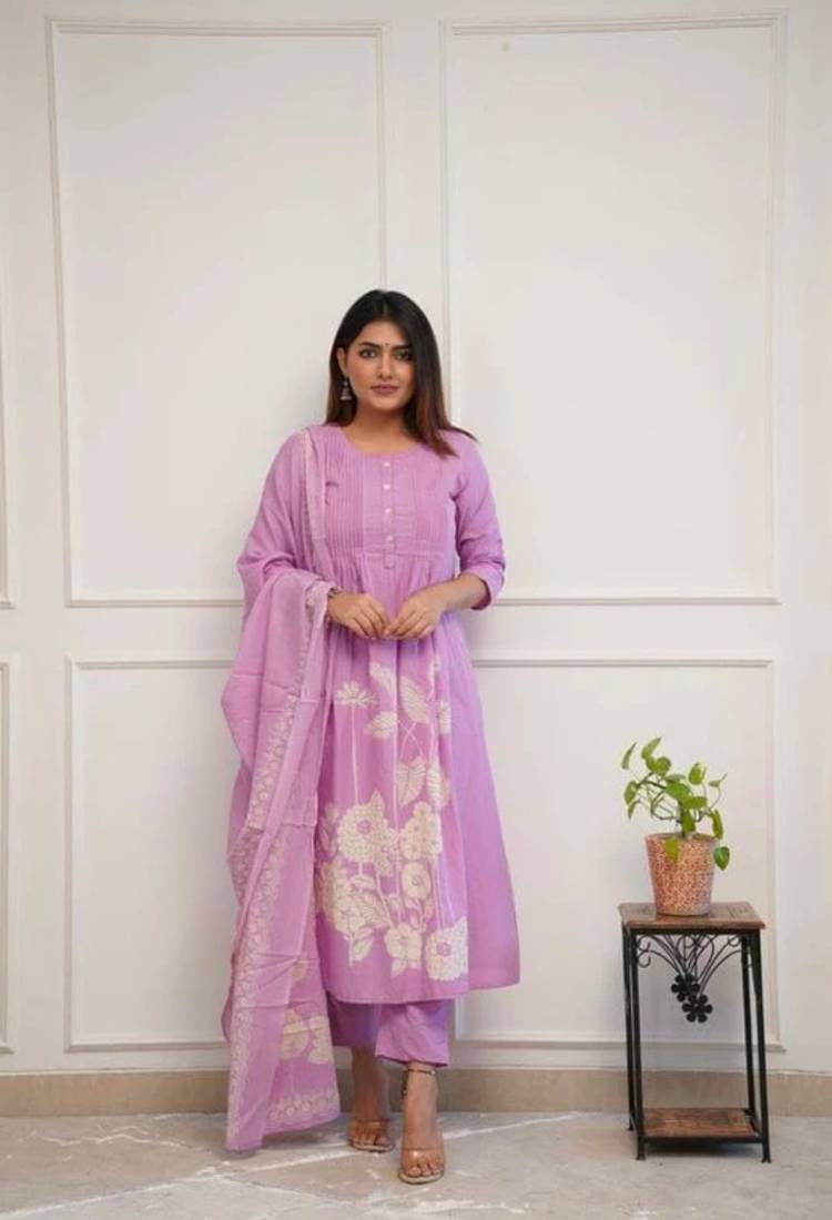 WOMEN COTTON PRINTED A-LINE KURTA WITH PANT AND DUPATTA 