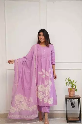 WOMEN COTTON PRINTED A-LINE KURTA WITH PANT AND DUPATTA 