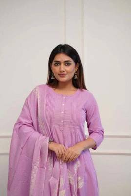 WOMEN COTTON PRINTED A-LINE KURTA WITH PANT AND DUPATTA  3