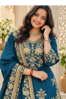 teal color thread and sequence work chinon silk blend salwar kameez set 2