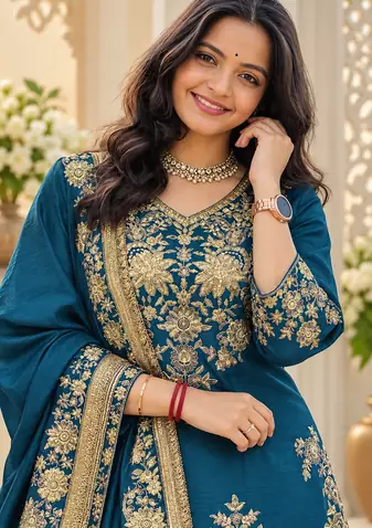 teal color thread and sequence work chinon silk blend salwar kameez set