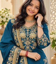 teal color thread and sequence work chinon silk blend salwar kameez set