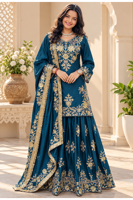 teal color thread and sequence work chinon silk blend salwar kameez set 1