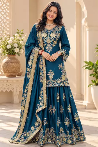 teal color thread and sequence work chinon silk blend salwar kameez set