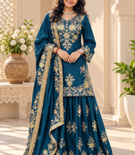 teal color thread and sequence work chinon silk blend salwar kameez set