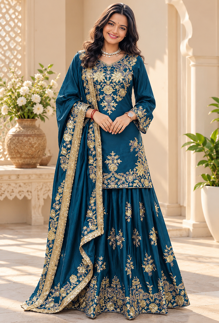 teal color thread and sequence work chinon silk blend salwar kameez set
