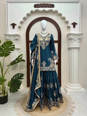 teal color thread and sequence work chinon silk blend salwar kameez set 3