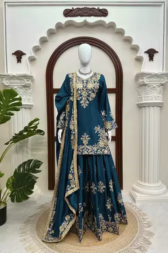 teal color thread and sequence work chinon silk blend salwar kameez set