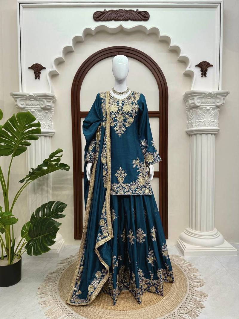 teal color thread and sequence work chinon silk blend salwar kameez set