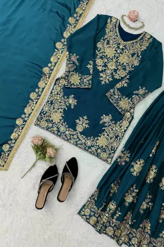 teal color thread and sequence work chinon silk blend salwar kameez set