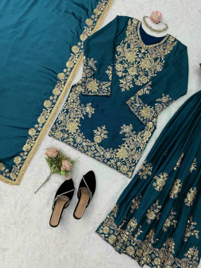 teal color thread and sequence work chinon silk blend salwar kameez set