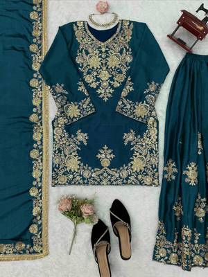 teal color thread and sequence work chinon silk blend salwar kameez set 5