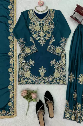 teal color thread and sequence work chinon silk blend salwar kameez set