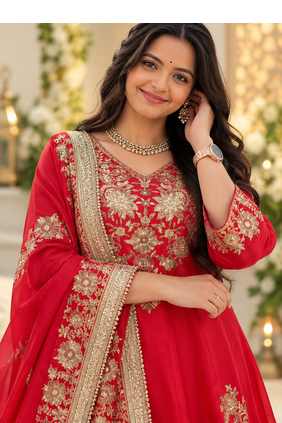 red color thread and sequence work chinon silk blend salwar kameez set 2
