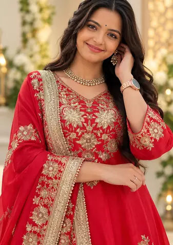red color thread and sequence work chinon silk blend salwar kameez set