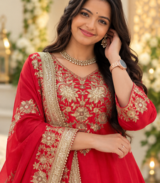 red color thread and sequence work chinon silk blend salwar kameez set