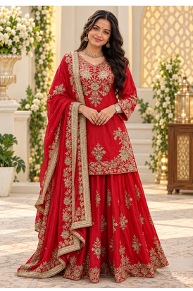 red color thread and sequence work chinon silk blend salwar kameez set 1