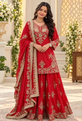 red color thread and sequence work chinon silk blend salwar kameez set
