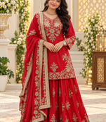 red color thread and sequence work chinon silk blend salwar kameez set