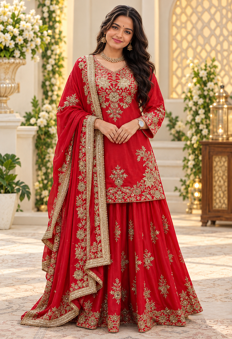 red color thread and sequence work chinon silk blend salwar kameez set