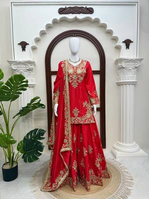 red color thread and sequence work chinon silk blend salwar kameez set 3