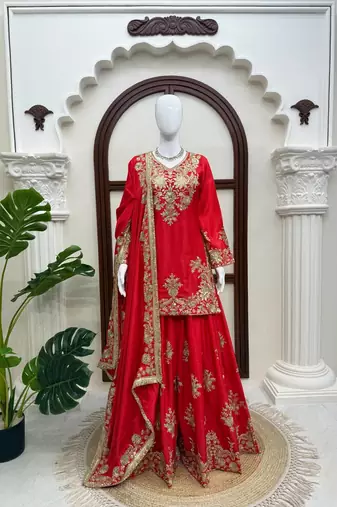 red color thread and sequence work chinon silk blend salwar kameez set