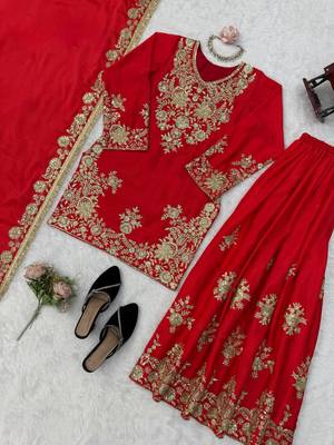 red color thread and sequence work chinon silk blend salwar kameez set 4